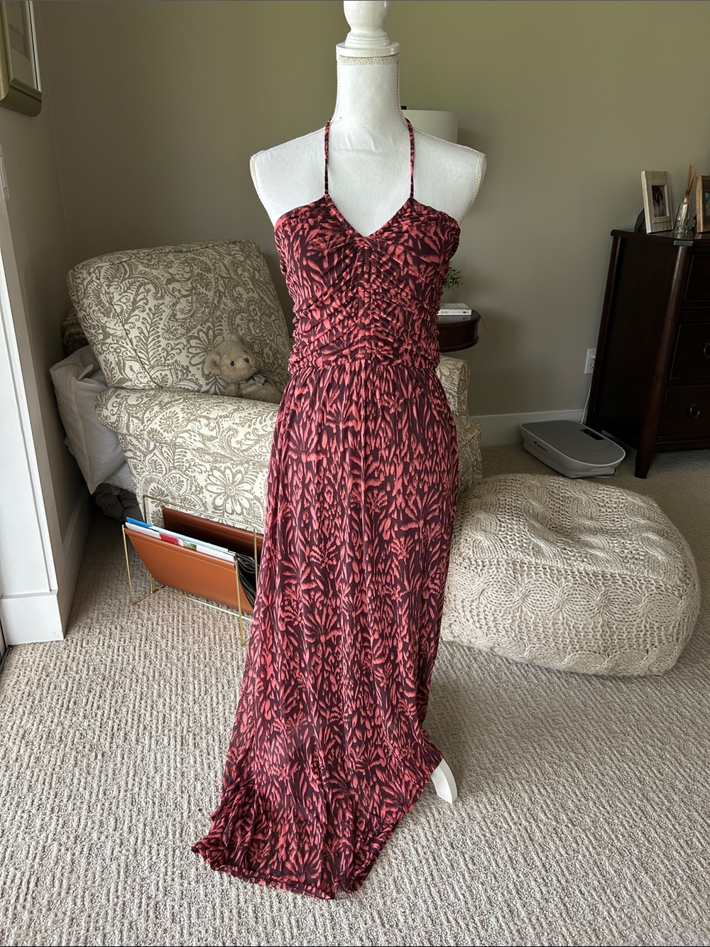 Women’s Coral and purple Patterned Halter Maxi Dress